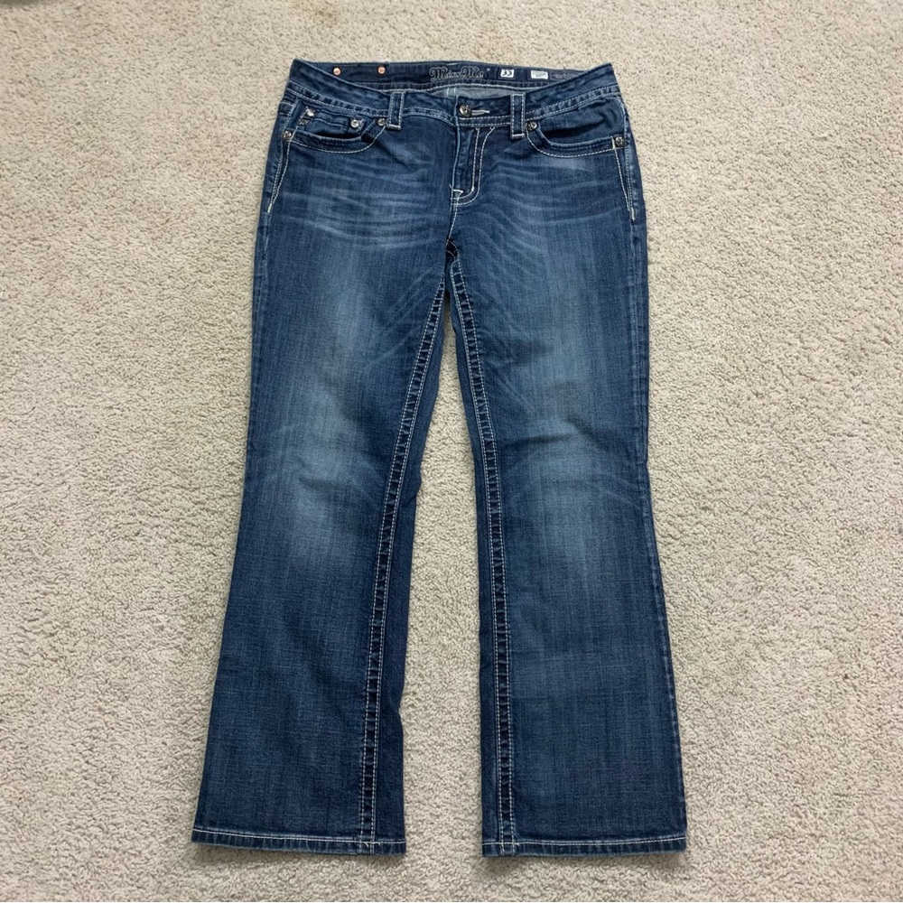 Women's MISS ME Boot Cut LOW RISE Stretch WESTERN Angel Wing DENIM Blue JEANS 33